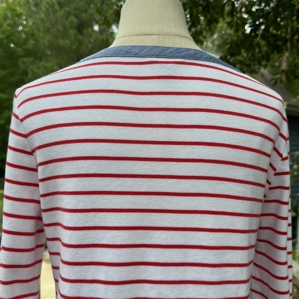 NAUTICAL RED White Striped SAILOR Top Chambray Trim Crew Neck Medium - Picture 8 of 8